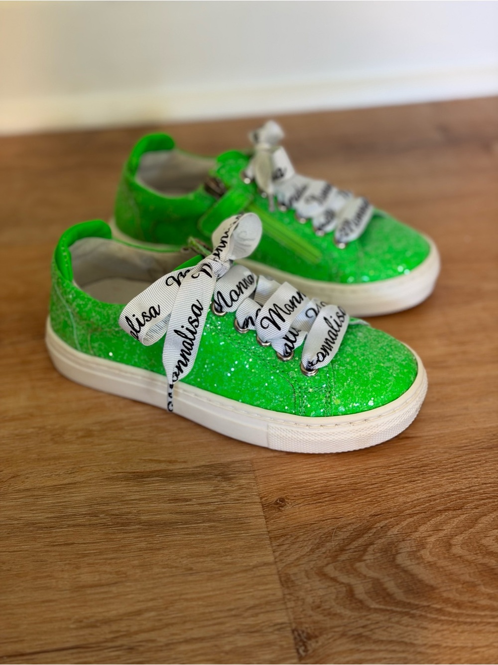 MonnaLisa Kids Glitter Sneaker in Neon Green with Branded Ribbon Laces